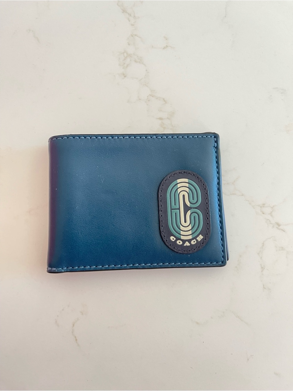 Coach Men's Teal Leather Bifold Wallet with Logo Patch